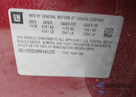 2017 Chevrolet Impala 1Lt z USA, uszkodzony, nr VIN 2G1105S30H9141220